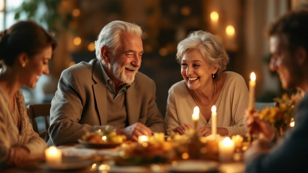 Couple age celebrant ses 50 ans de mariage noces d'or lors d'un repas de famille aux chandelles