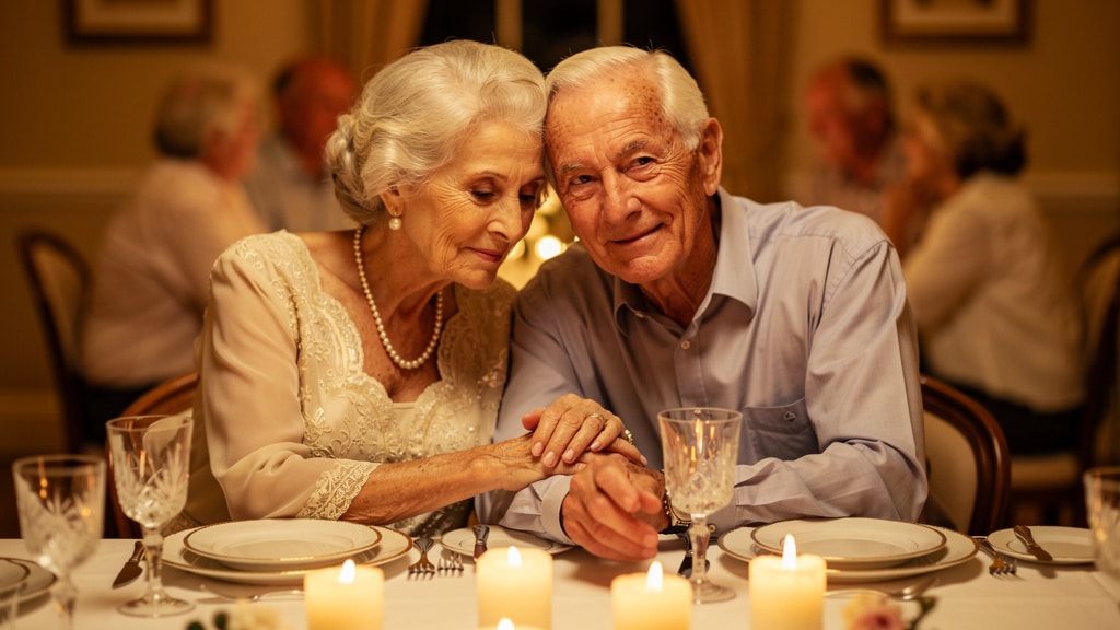 Couple fetant ses 60 ans de mariage, noces de diamant, lors d un diner de famille aux chandelles