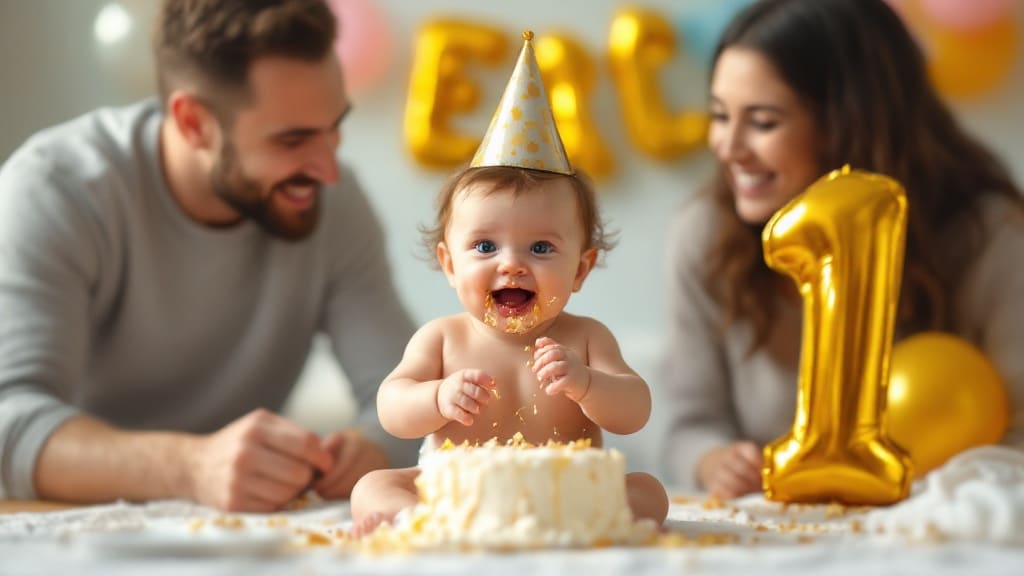 Anniversaire 1 an : bébé écrasant son smash cake devant le ballon chiffre un