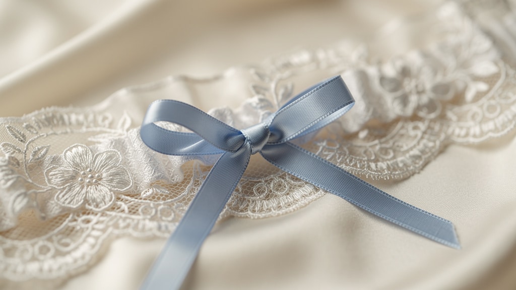 Jarretière de mariage en dentelle avec ruban bleu posée sur de la soie ivoire