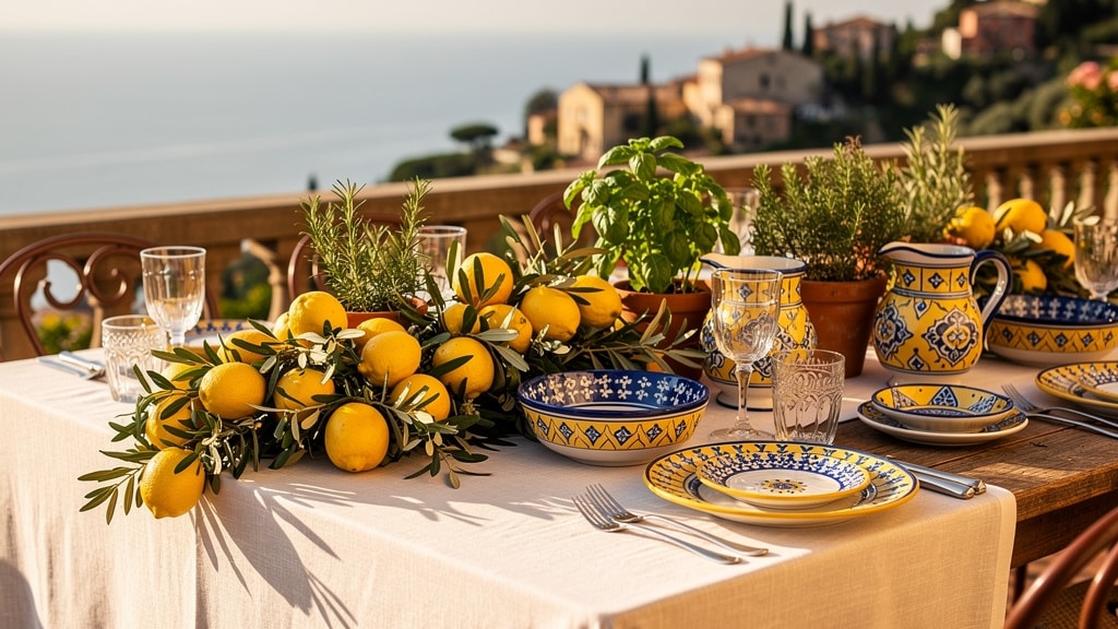 Mariage dolce vita : table à l'italienne avec citrons, olivier et faïence bleue et jaune