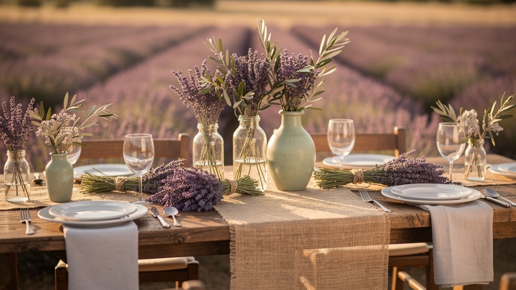 Mariage lavande : table provençale avec bottes de lavande, vert sauge et bois