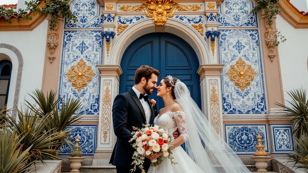 Mariage portugais traditionnel devant une église, azulejos et or filigrane
