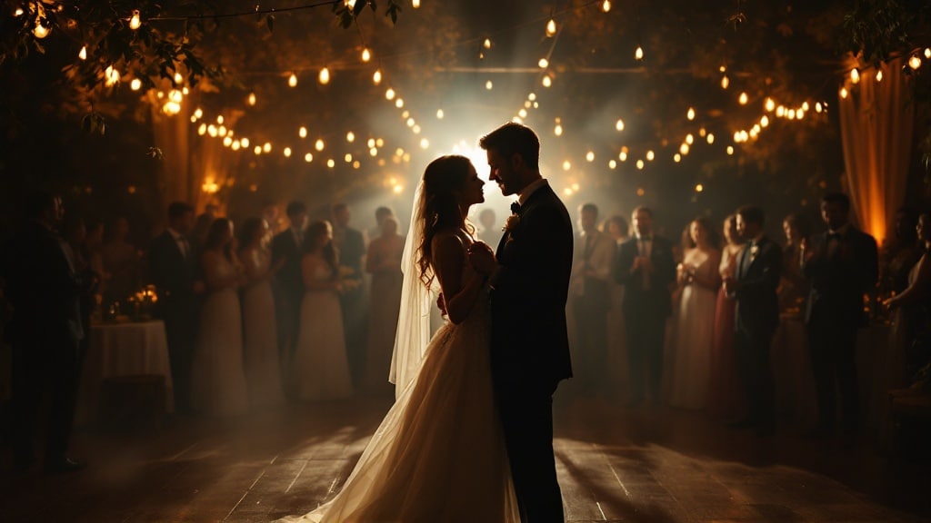 Ouverture de bal mariage : les mariés dansent entourés des invités en cercle sous les guirlandes lumineuses