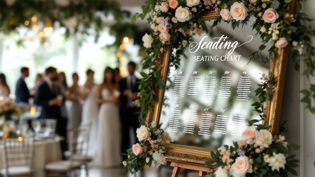 Plan de table mariage calligraphié sur un miroir à l'entrée de la réception