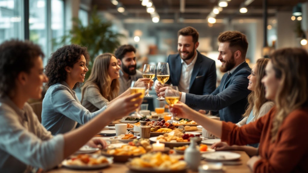 Pot de départ en entreprise : collègues levant leur verre autour du buffet