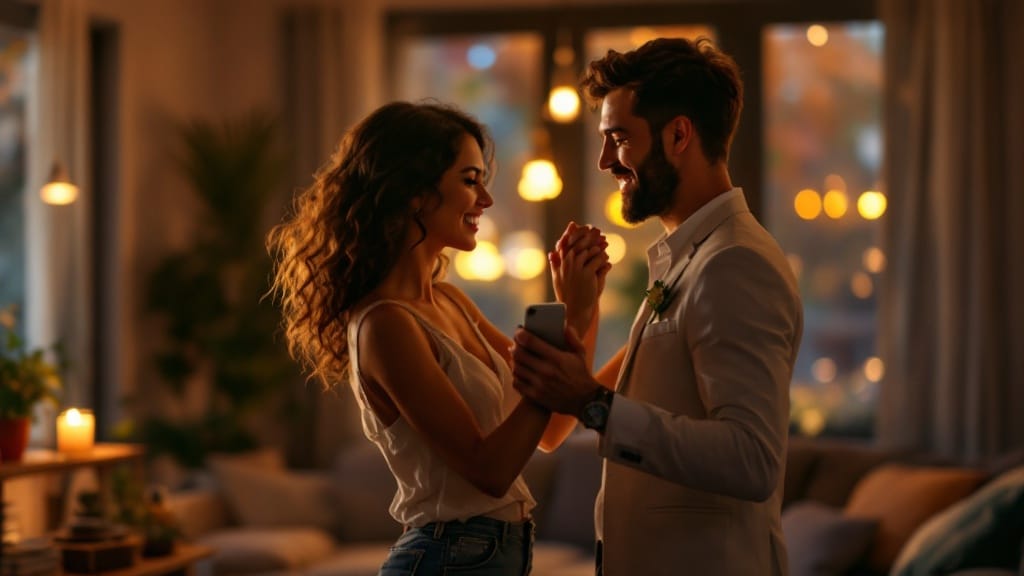 Futurs mariés répétant leur chorégraphie d'ouverture de bal dans leur salon