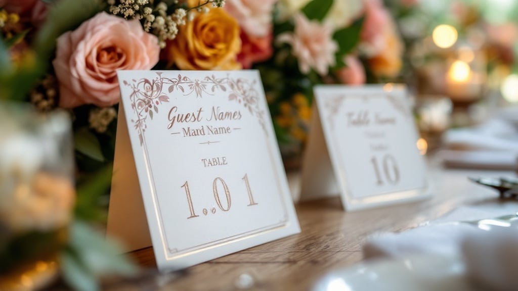 Marque-places et numéros de table prêts pour le plan de table du mariage
