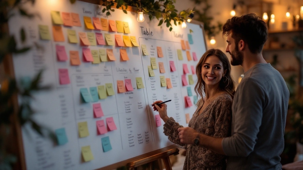 Futurs mariés construisant leur plan de table avec des post-its