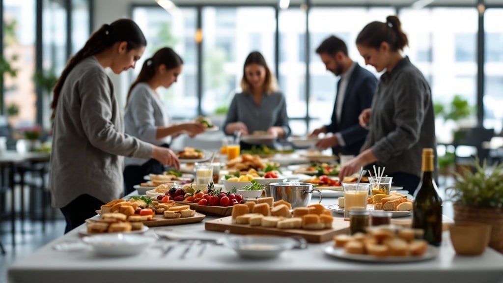 Buffet de pot de départ dressé dans l'open space avec pièces cocktail
