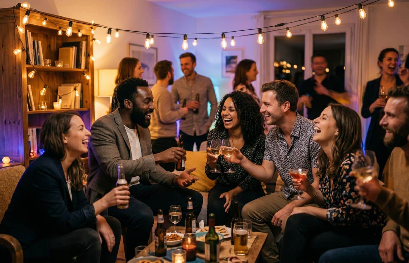 Soiree d anniversaire entre adultes dans un appartement, invites reunis autour d un verre