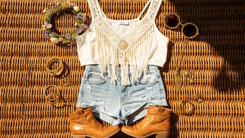 Tenue de festival femme : flat lay bohème avec accessoires d'été