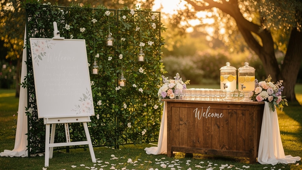 Zone d'accueil de mariage : panneau de bienvenue, bar et coin photo