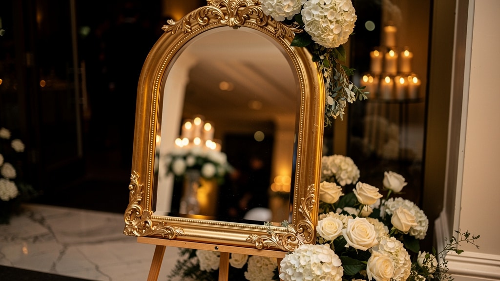 Panneau de bienvenue mariage miroir doré sur chevalet fleuri