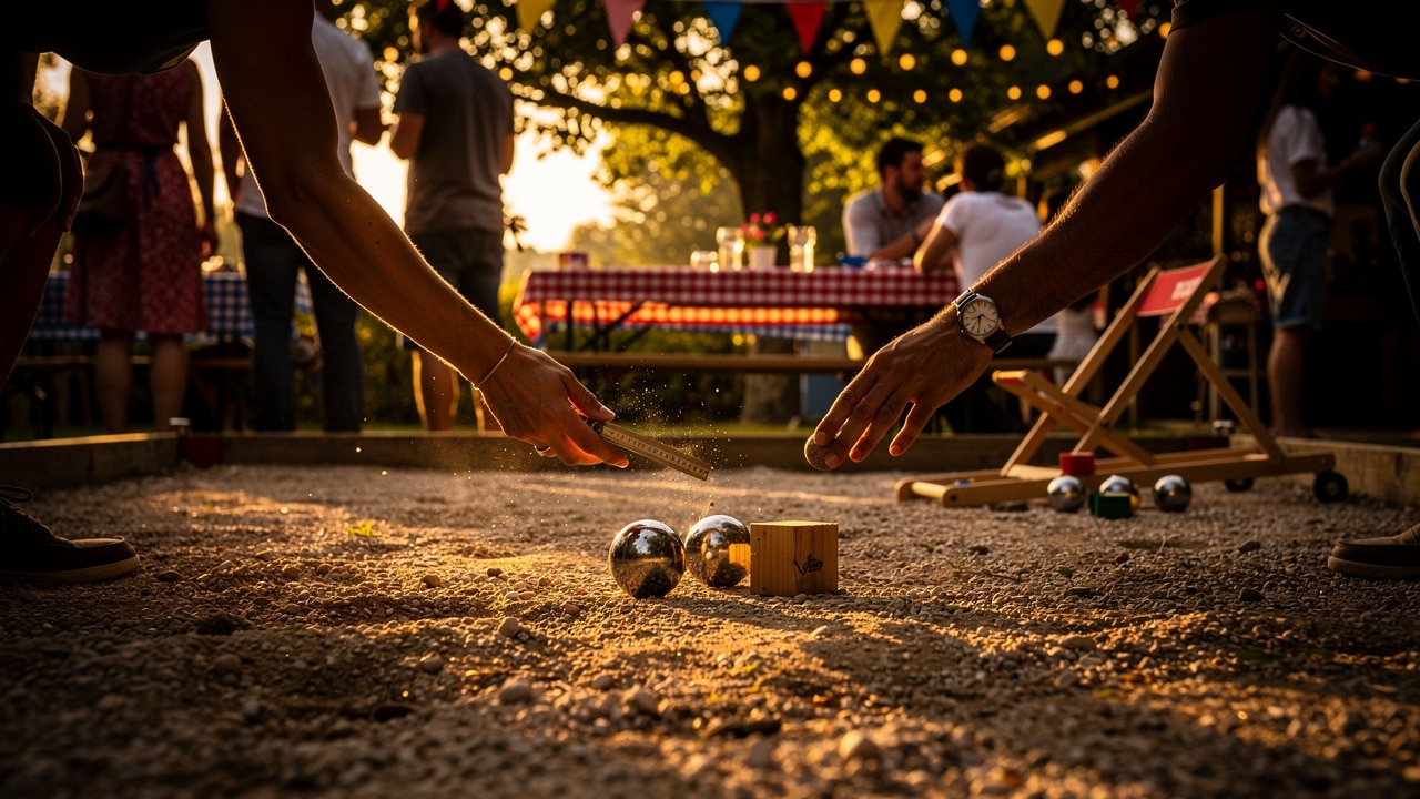 Partie de pétanque au coucher du soleil pendant une soirée guinguette avec fanions et guirlandes