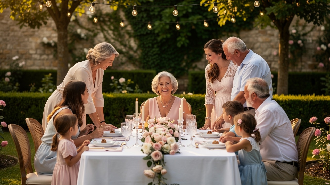 Fête d'anniversaire de 70 ans en famille dans un jardin, trois générations autour de la table