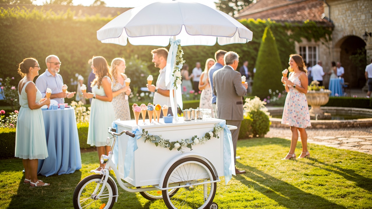 Triporteur à glaces blanc sous parasol lors d'un vin d'honneur de mariage en été