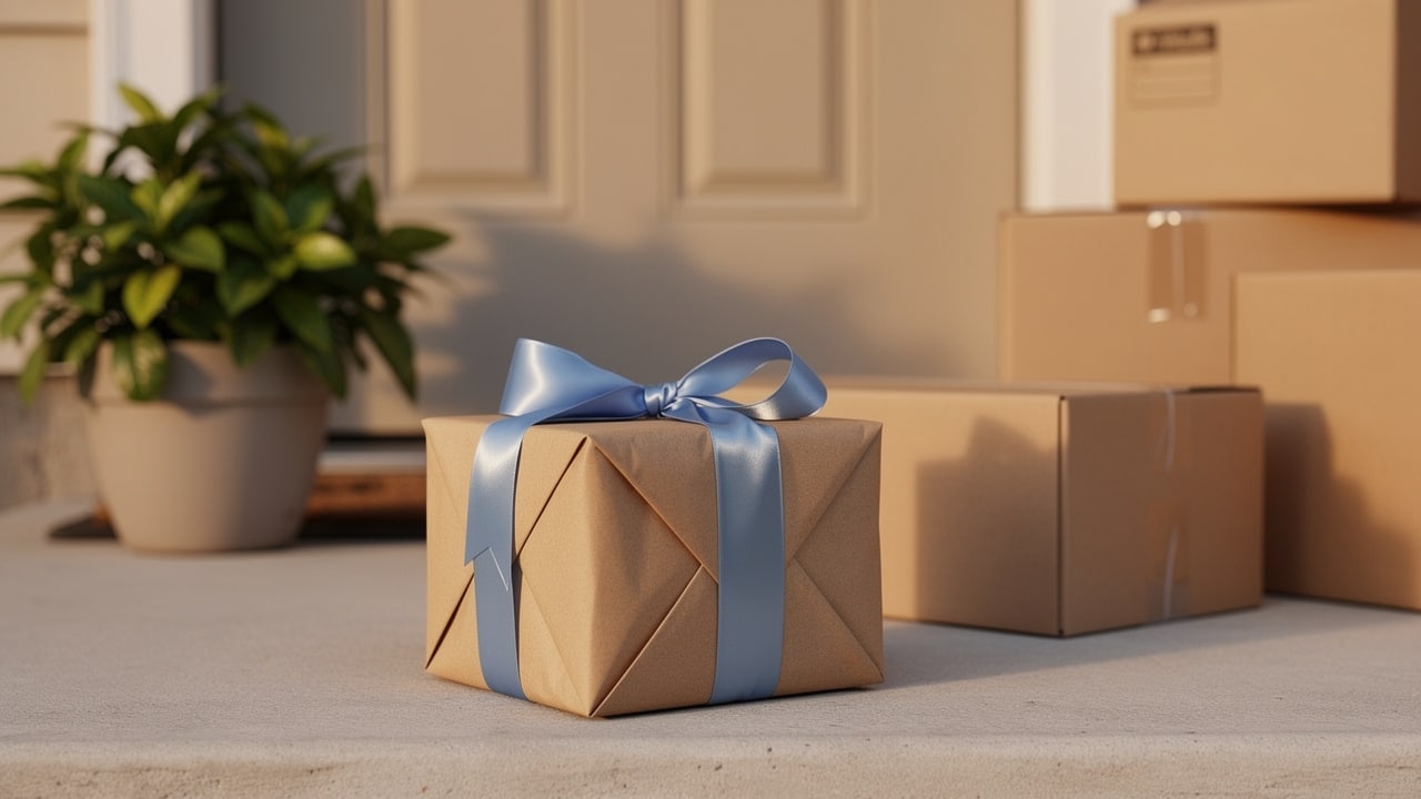 Cadeau crémaillère emballé de kraft et ruban bleu sur le pas de la porte, à côté d'une plante et de cartons