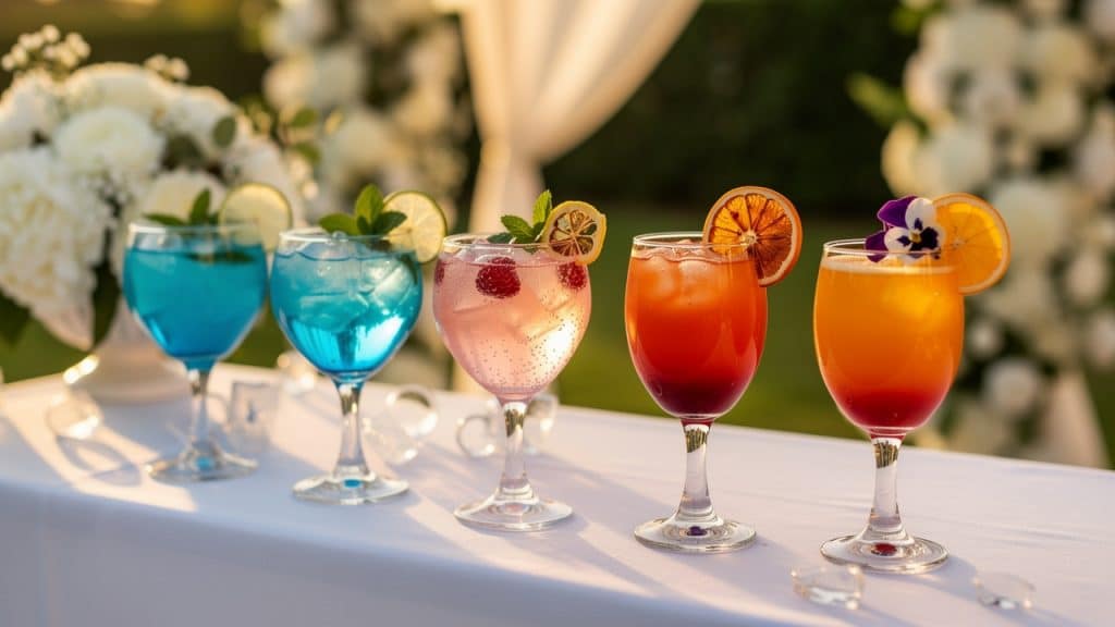 Cocktails sans alcool colorés alignés sur la table d'un vin d'honneur de mariage
