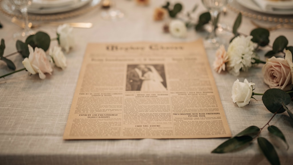 Gazette des mariés au format journal vintage posée sur une table de réception de mariage décorée de fleurs