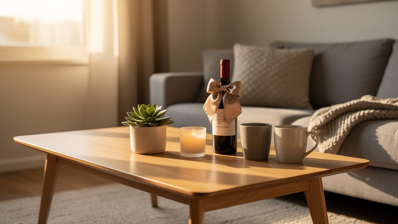 Petits cadeaux de crémaillère réunis sur la table du salon : plante grasse, bougie, vin et mugs