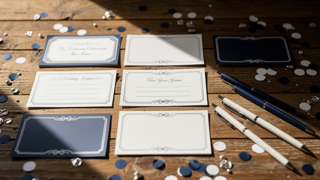 Cartes de jeux de mariage à imprimer posées sur une table de réception