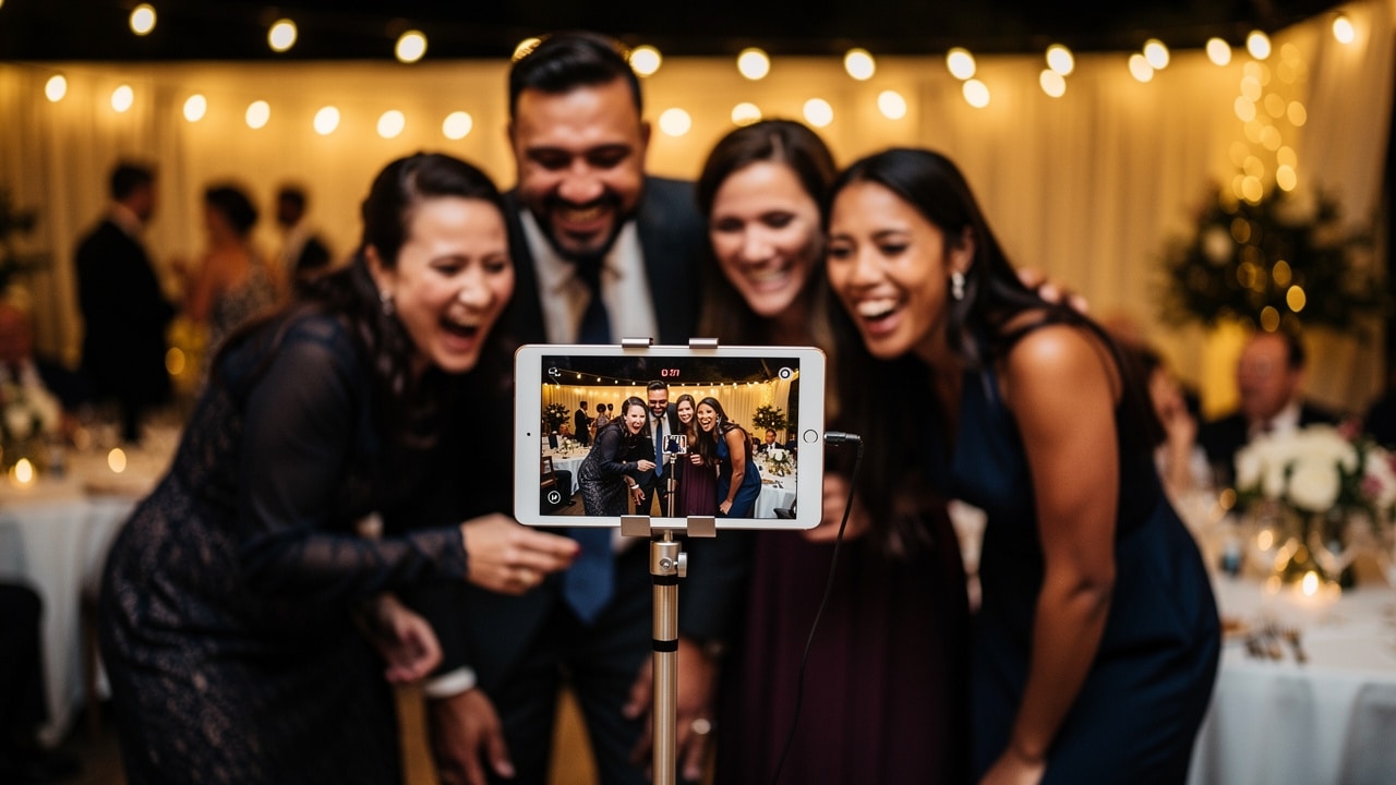 Invités enregistrant un message vidéo pour les mariés pendant la réception