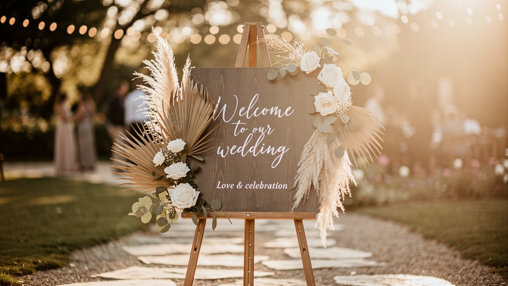 Panneau de bienvenue mariage en bois sur chevalet fleuri à l'entrée d'un mariage en extérieur