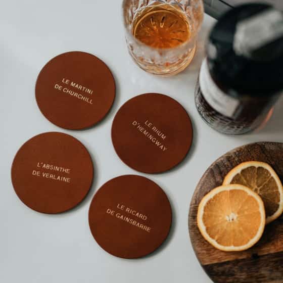 Dessous de verre en cuir gravé, cadeau apéro