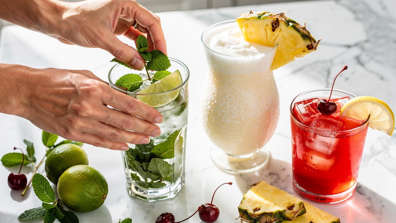 Préparation d'un virgin mojito, d'une virgin colada et d'un Shirley Temple, trois recettes de cocktail sans alcool faciles