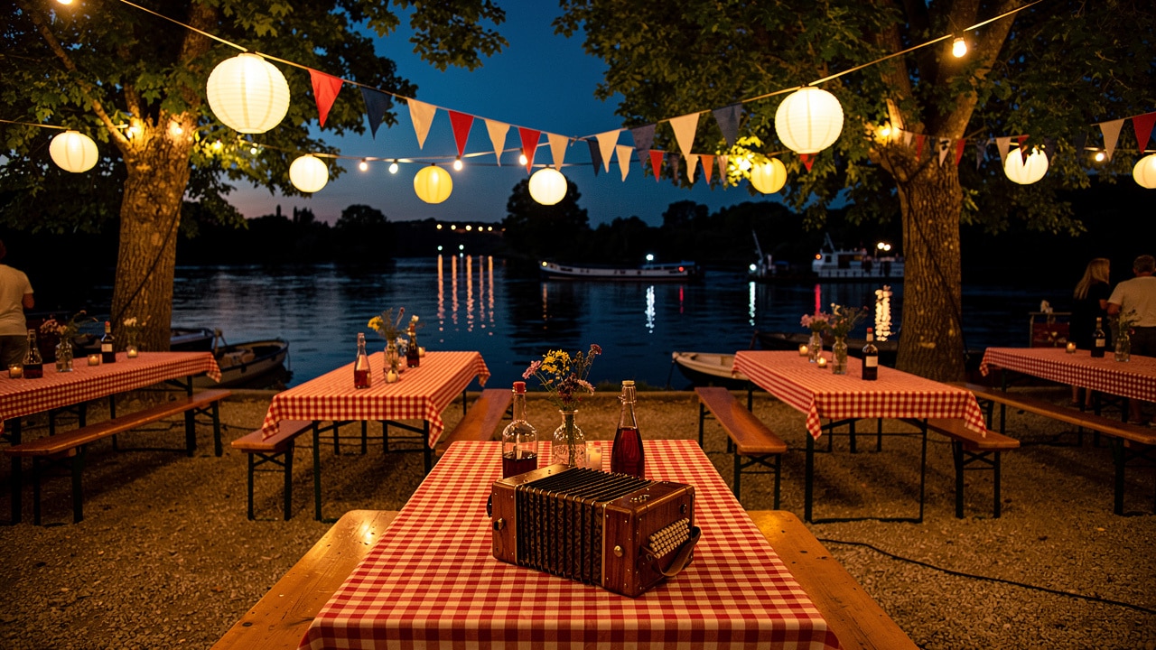 Soirée guinguette au bord de l'eau avec lampions, fanions, tables en bois et nappes vichy