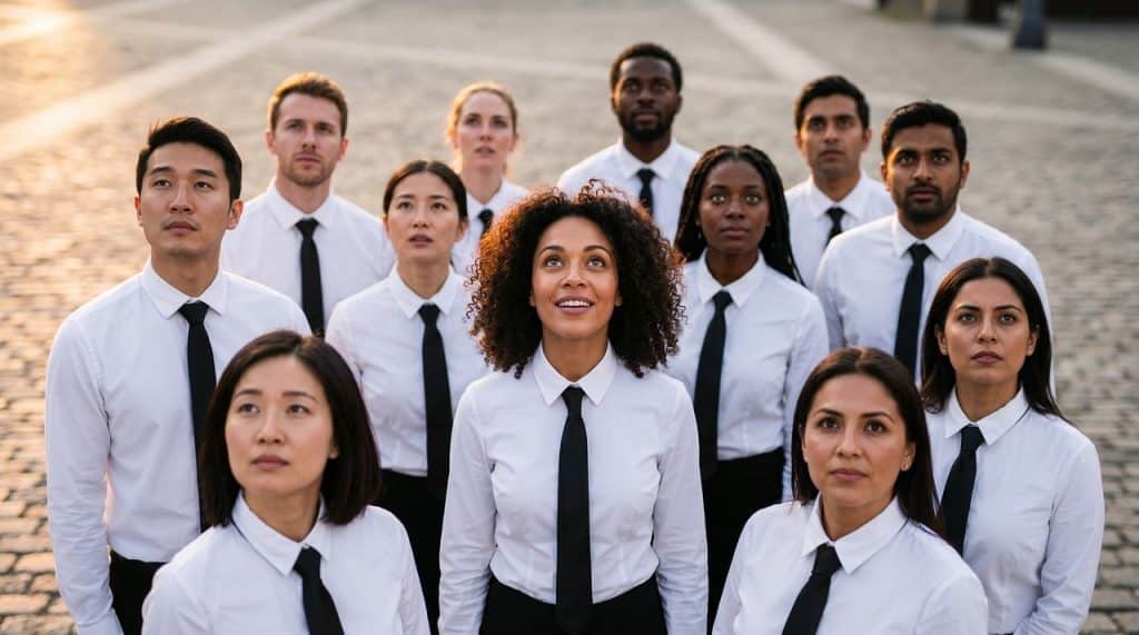 groupe de travail vue plongée équipe meme tenue corporate chemise blanche cravatte noire femme homme extérieur rue pavée au lever du soleil