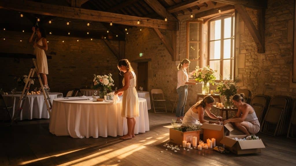 Amies installant la salle de réception la veille du mariage, guirlandes lumineuses et tables rondes