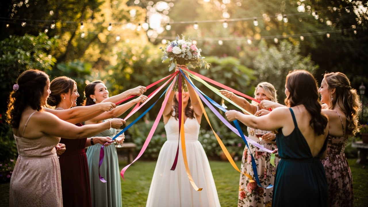 Ronde des rubans lors d'un mariage : invitées tenant les rubans reliés au bouquet de la mariée