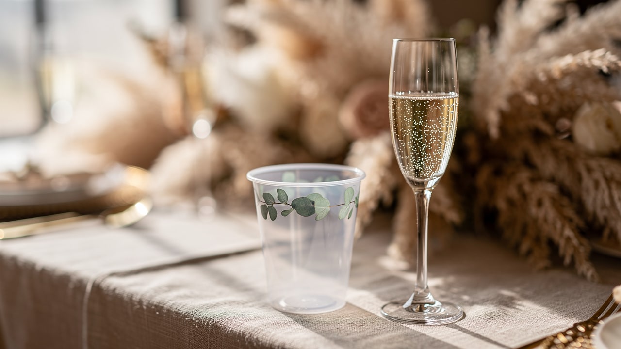 Gobelet de mariage personnalisé au feuillage d'eucalyptus et flûte de champagne sur une table bohème