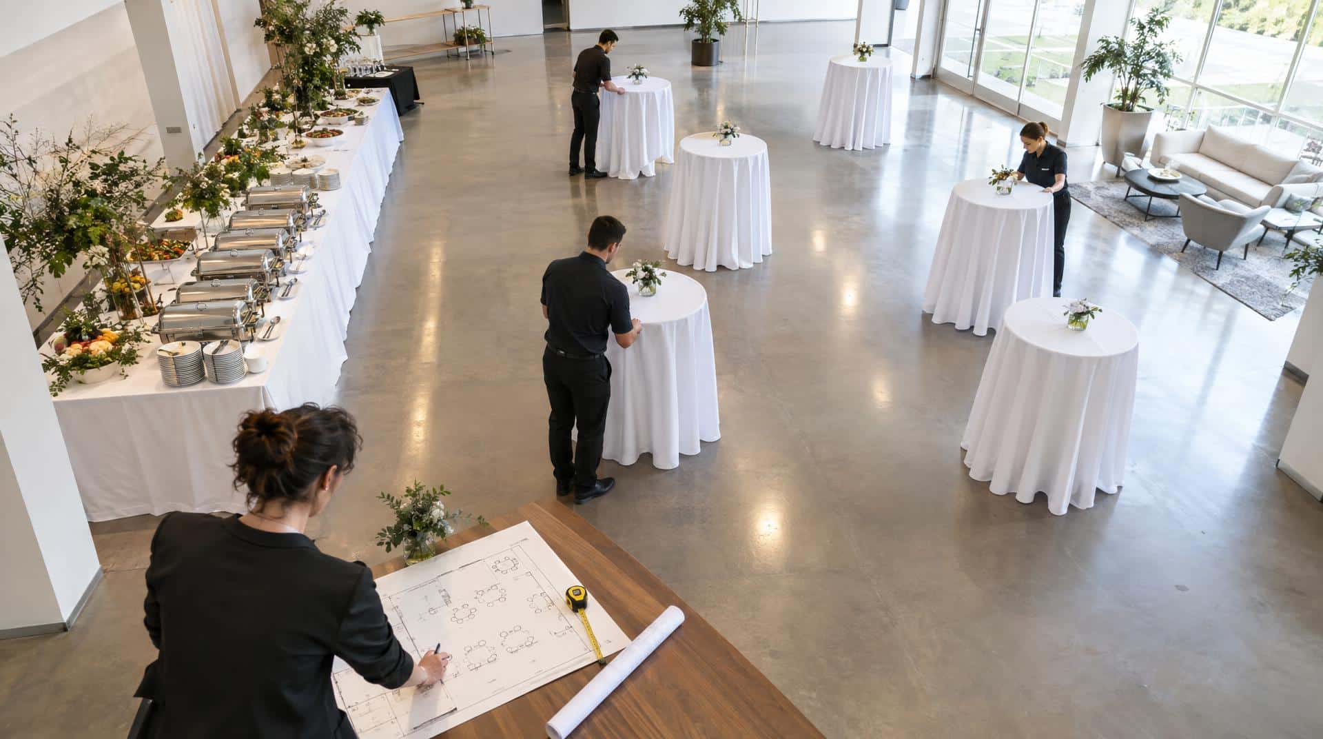 Aménagement d'un espace cocktail : mange-debout disposés en quinconce et buffet le long du mur