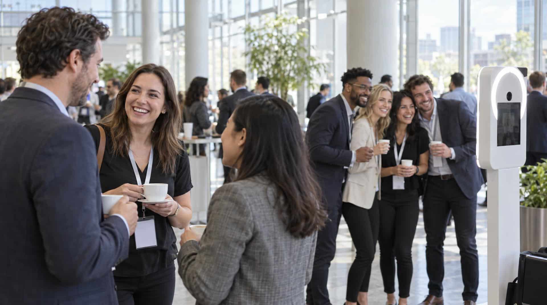 Animation de congrès pendant la pause : networking autour d’un café et borne photo dans le foyer