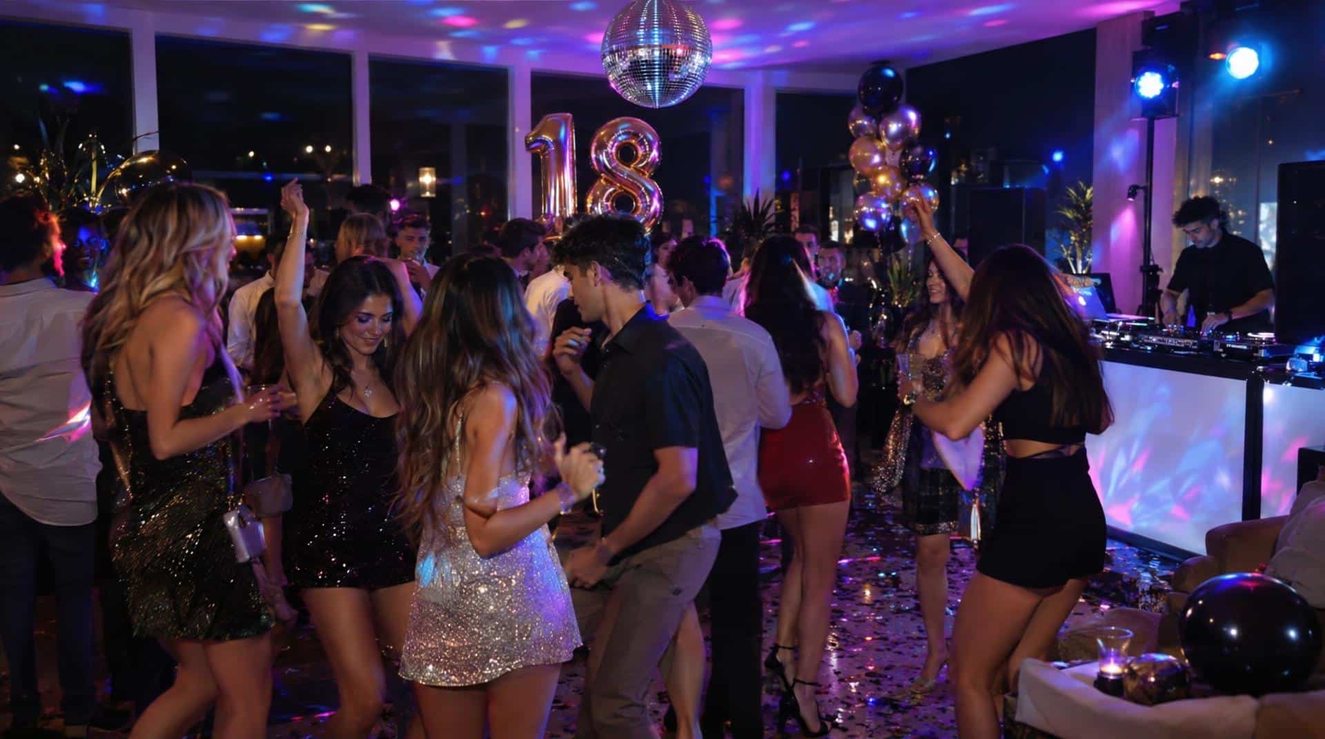 Anniversaire de 18 ans : soirée dansante avec DJ, boule à facettes et ballon chiffre 18