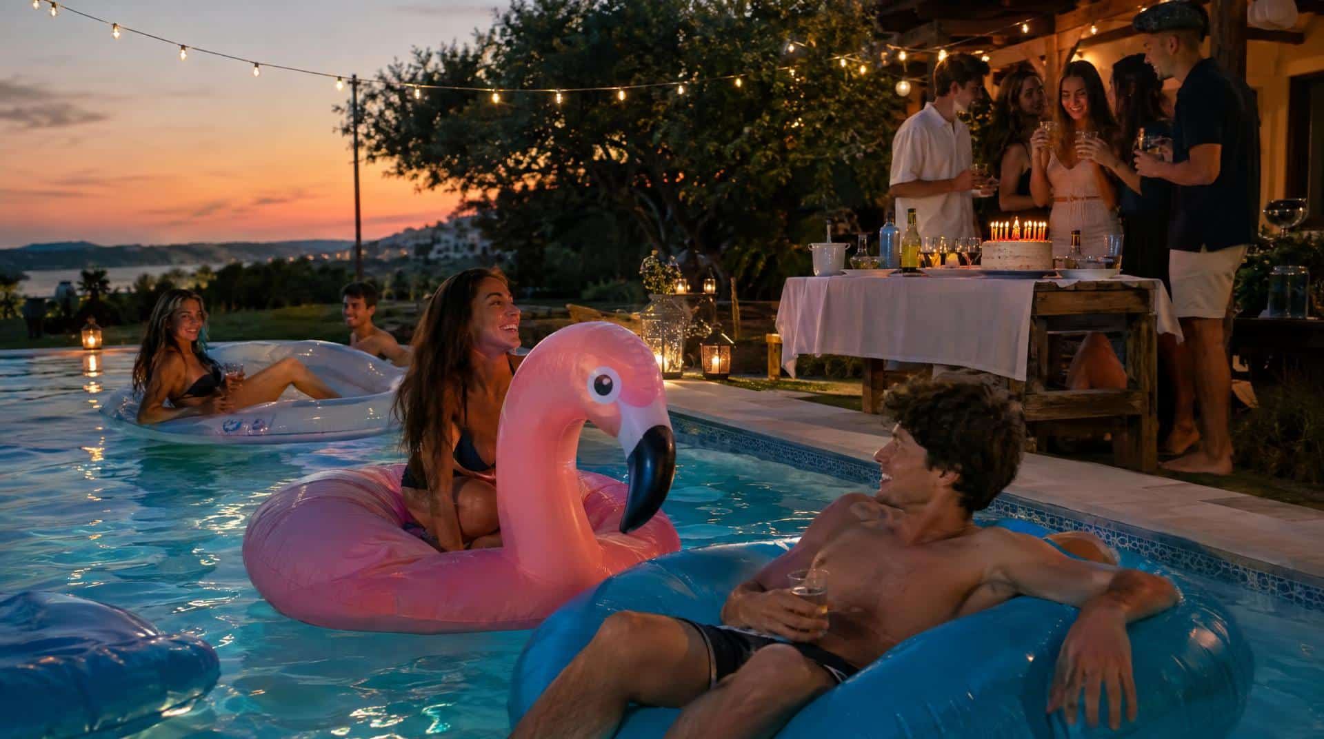 Summer party pour des 18 ans dans un jardin avec piscine, bouées et guirlandes au crépuscule