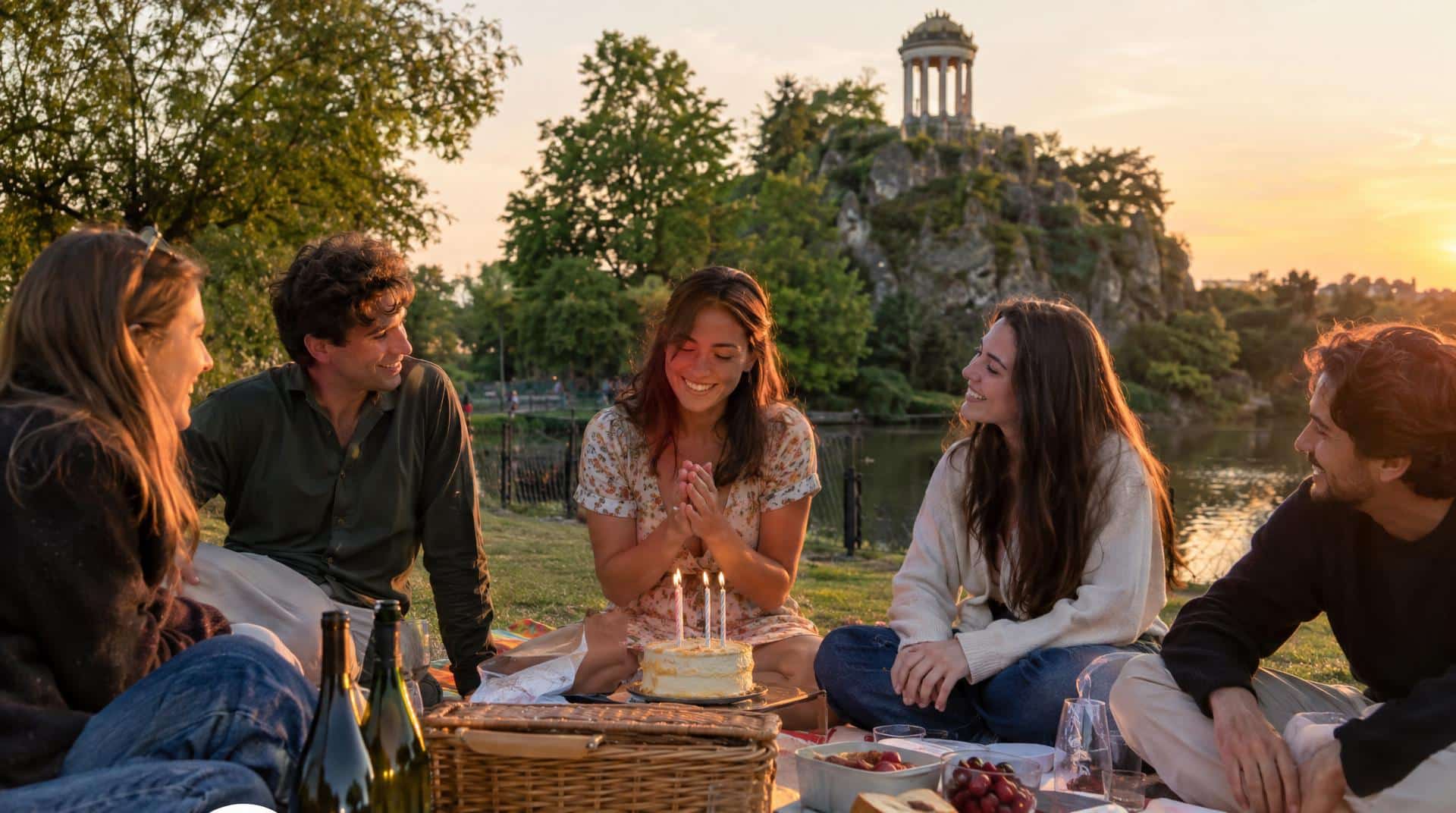 Pique-nique d'anniversaire aux Buttes-Chaumont, gâteau et amis au coucher du soleil