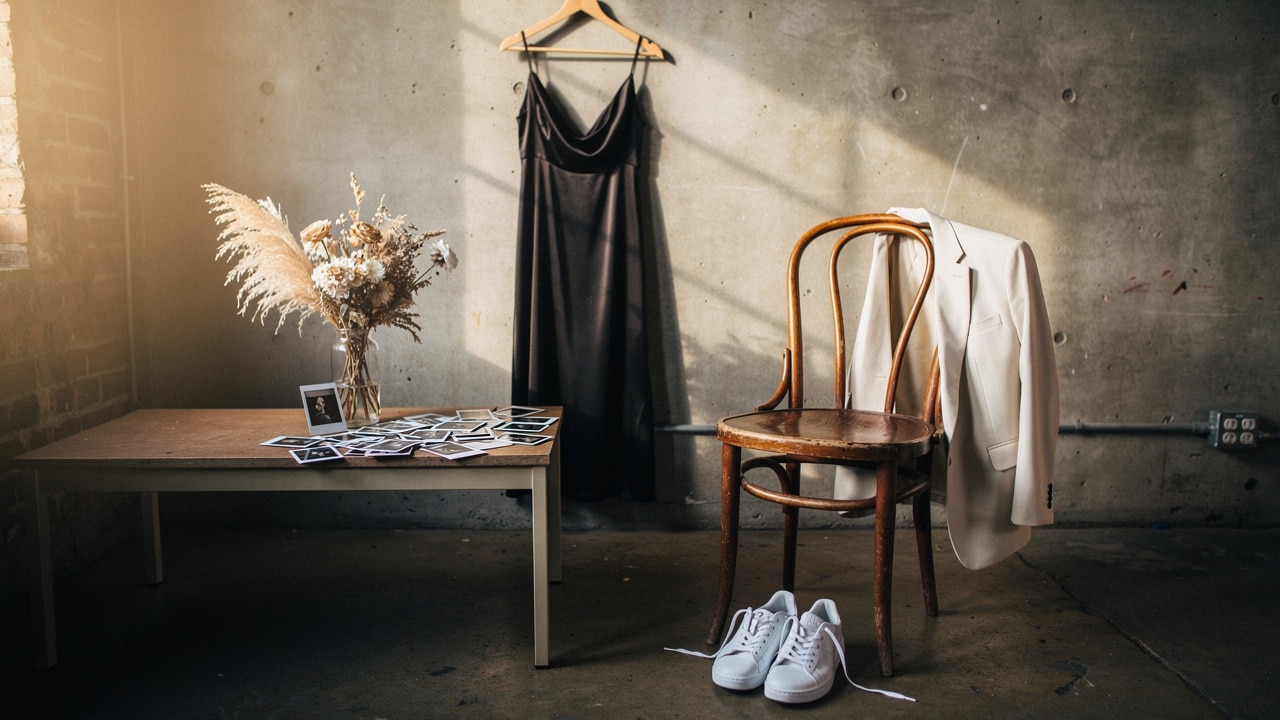 Anti wedding : robe de mariée noire sur cintre, blazer crème sur une chaise et baskets blanches dans un loft en béton
