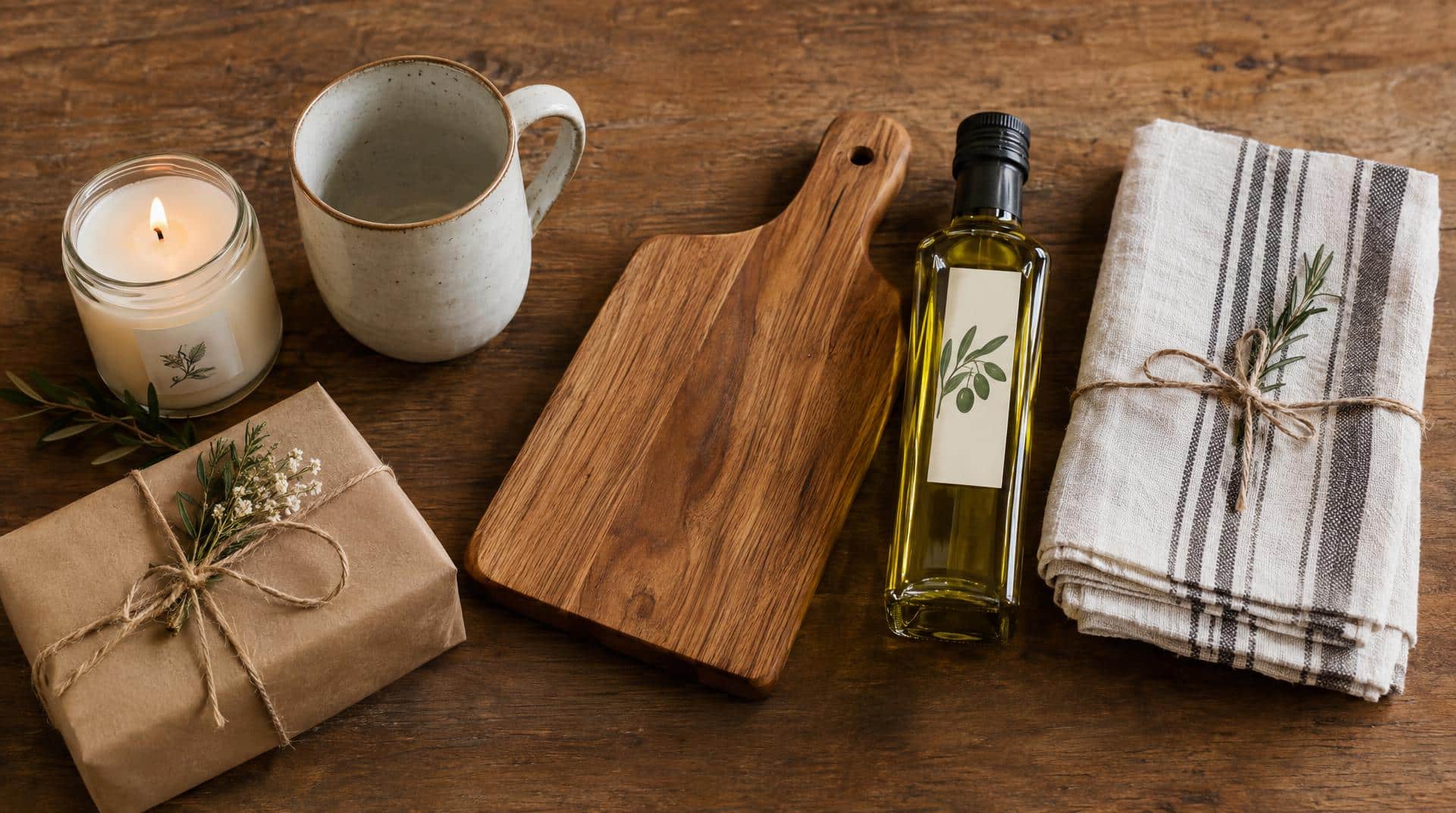 Idées de cadeau de crémaillère à moins de 20 euros : bougie, mug, planche, huile d'olive, torchon