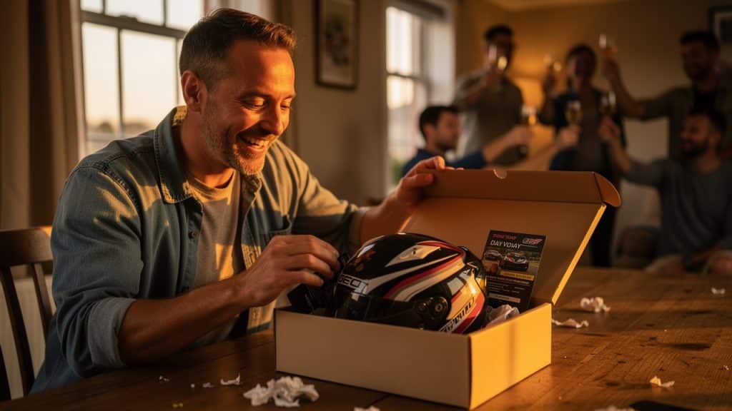 Homme déballant un cadeau expérience contenant un casque de pilotage, entouré de ses amis