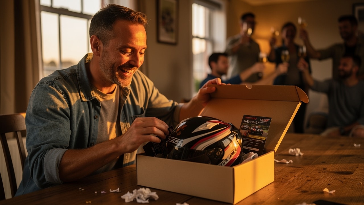 Homme déballant un cadeau expérience contenant un casque de pilotage, entouré de ses amis