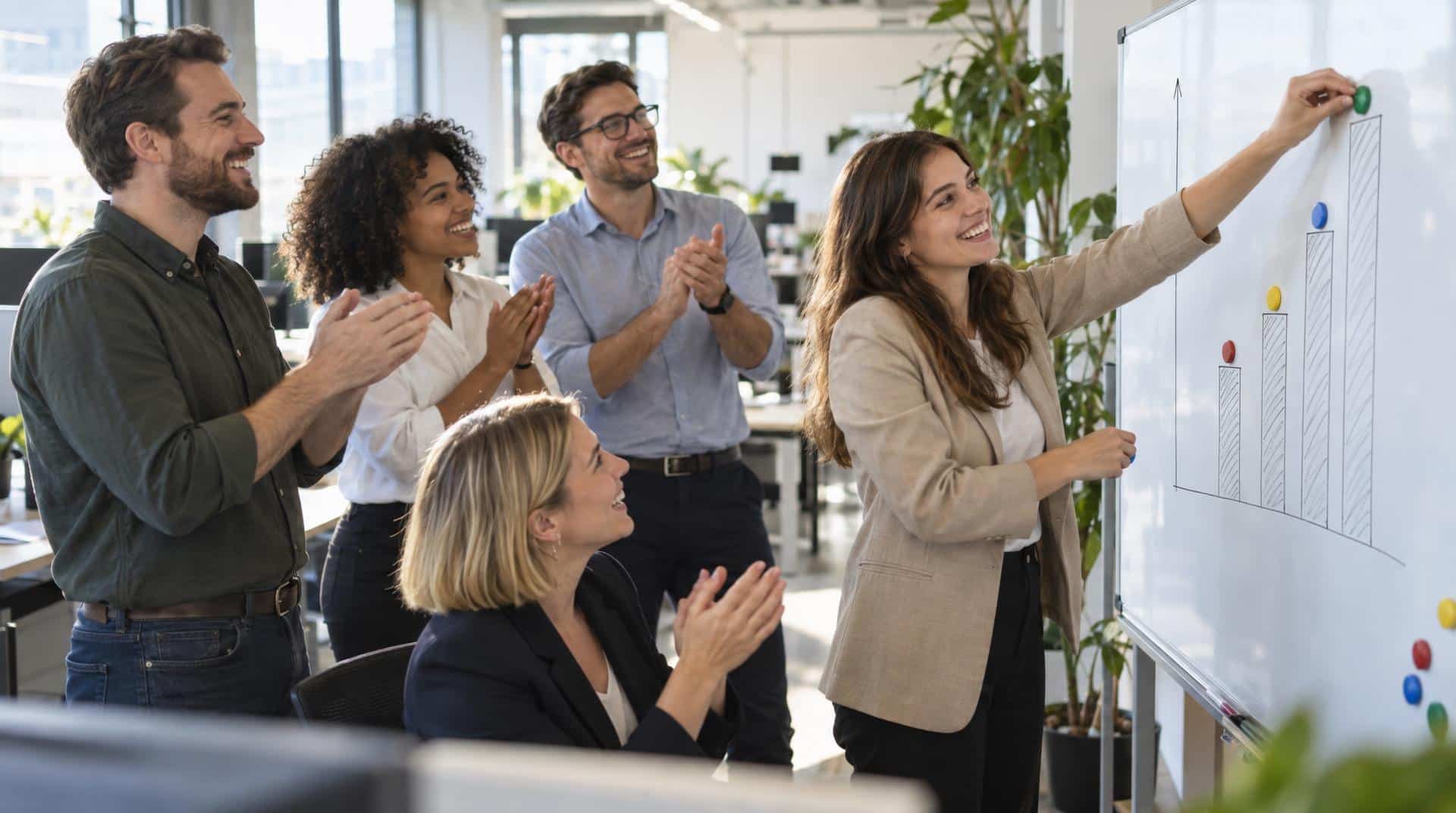 Challenge commercial : une équipe suit son classement sur un tableau blanc