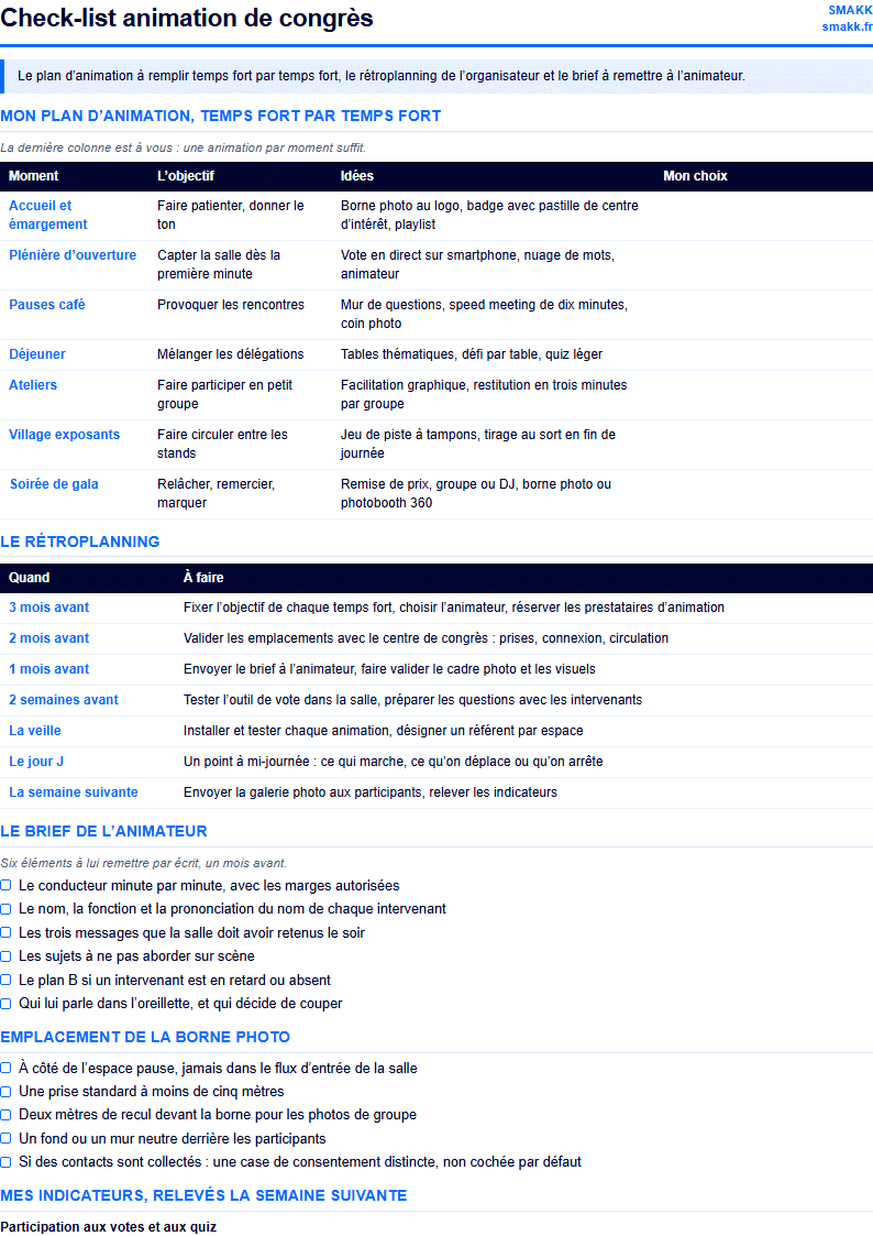 Check-list animation de congrès : aperçu du PDF à télécharger