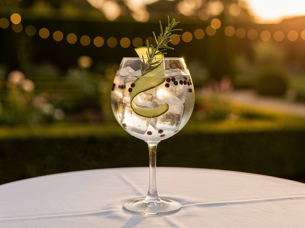 Gin tonic botanique au concombre et romarin en verre ballon