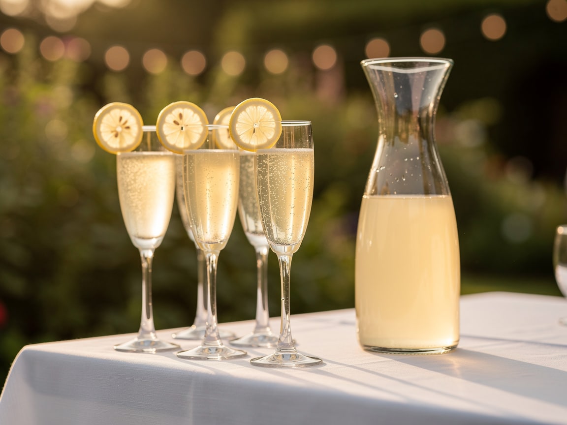 Flûtes de limonade au champagne garnies de citron à côté d'une carafe