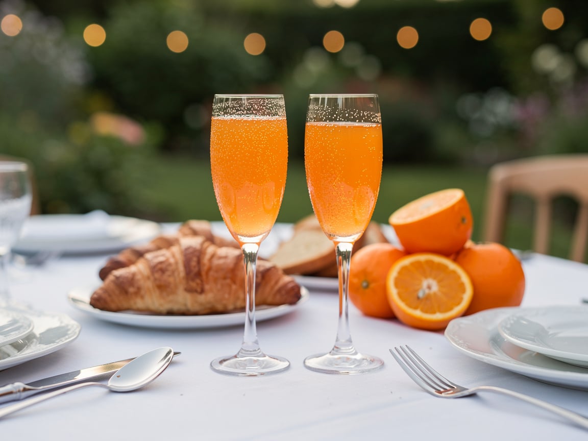 Deux mimosas au champagne et jus d'orange sur la table du brunch du lendemain de mariage