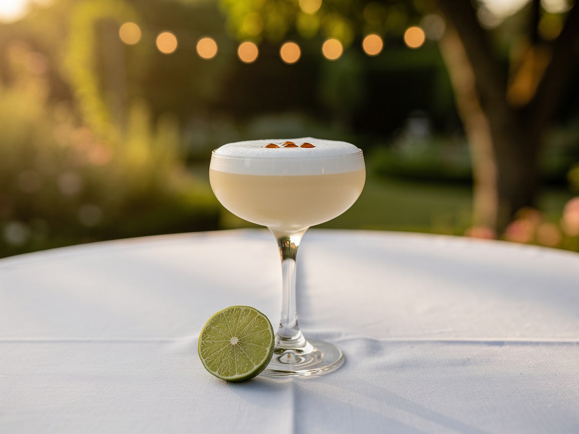 Pisco sour en coupe avec mousse blanche et gouttes de bitter